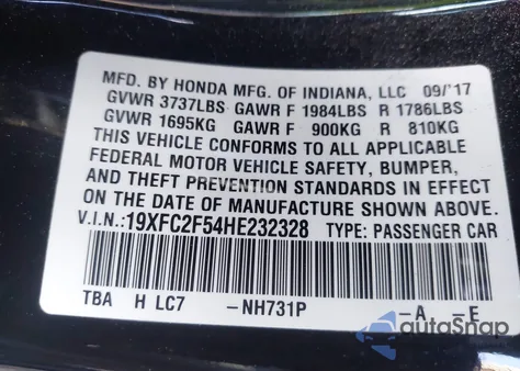 2017 Honda Civic Lx из США, поврежденный, VIN 19XFC2F54HE232328